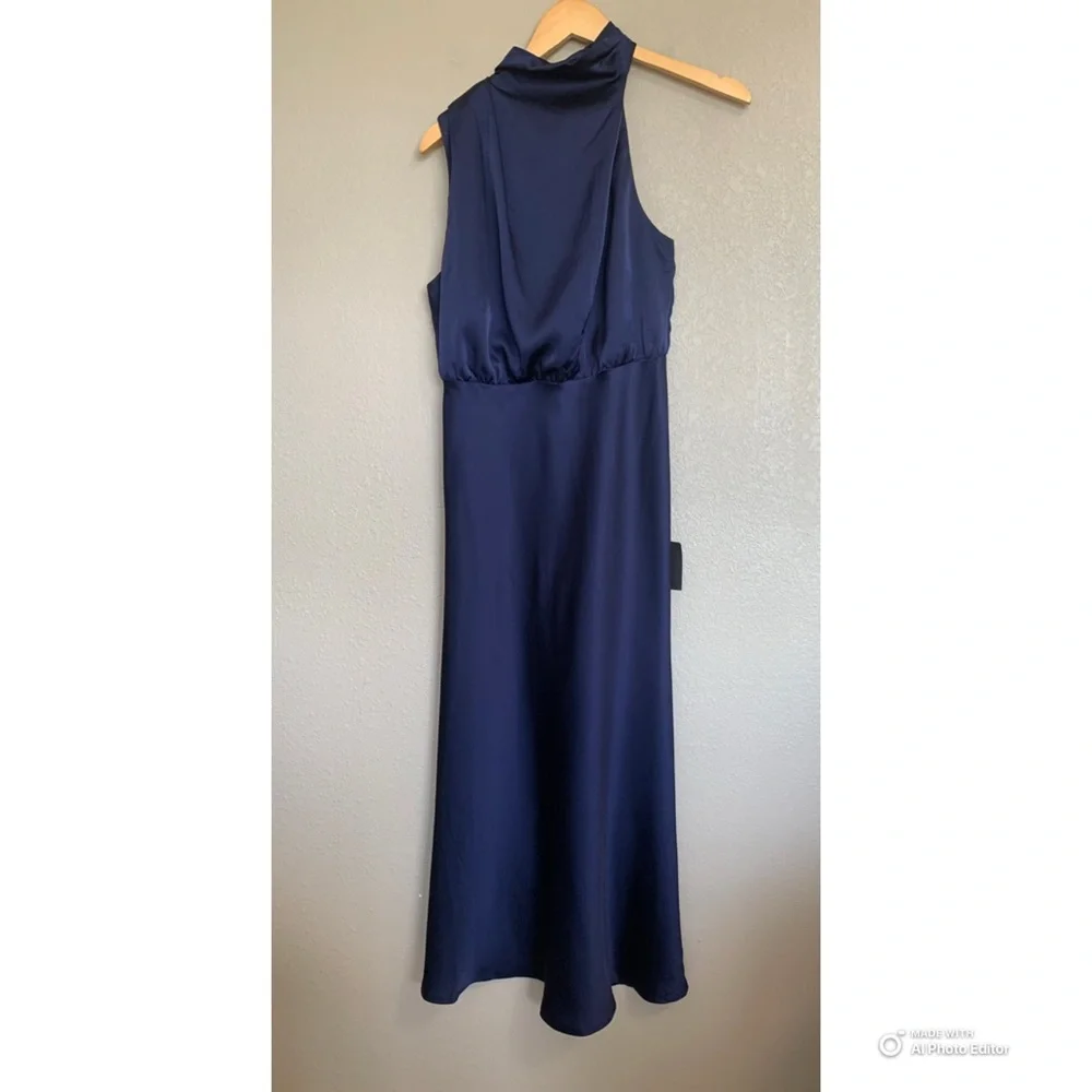 Lulus Medium Distinctive Charm Navy Blue Satin Asymmetrical Midi Dress NWT - Picture 3 of 17
